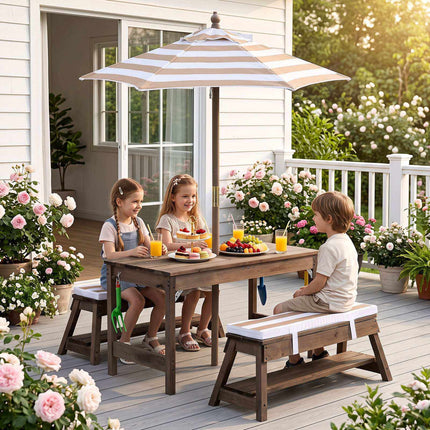 Kids Wooden Picnic Table Set with Umbrella and Benches