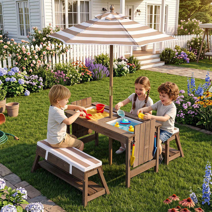 Kids Wooden Picnic Table Set with Umbrella and Benches