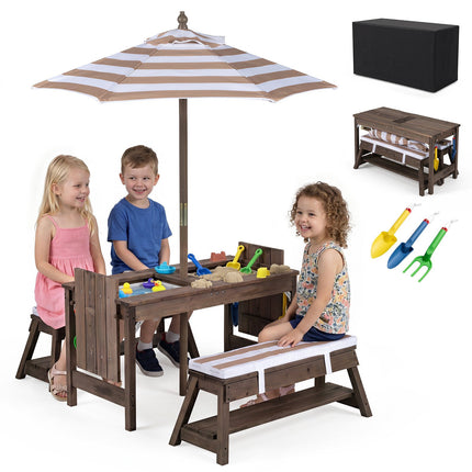 Kids Wooden Picnic Table Set with Umbrella and Benches