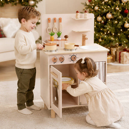 Kids Wooden Play Kitchen Set with Sink & Stove - Beige