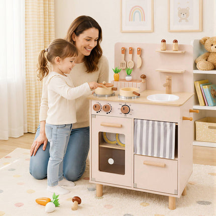 Kids Wooden Play Kitchen Set with Sink & Stove - Beige