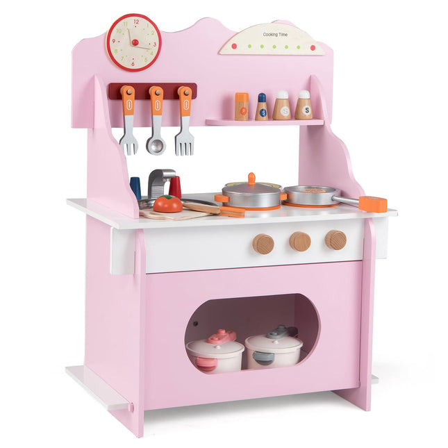 Kids Wooden Play Kitchen with Accessories – Pink