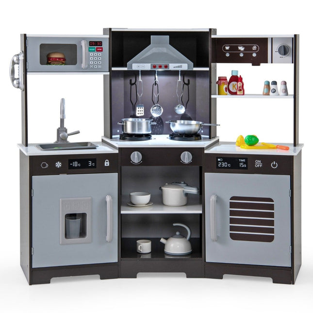 Kids Wooden Play Kitchen with Lights & Sounds, Brown
