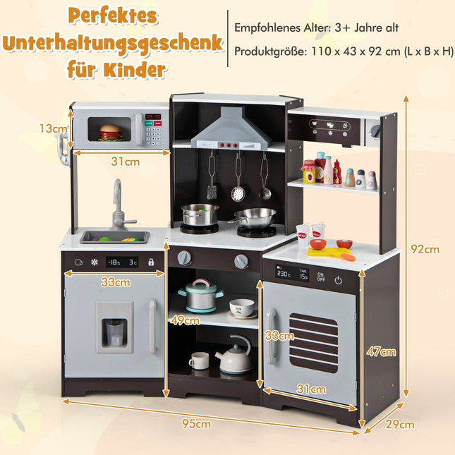 Kids Wooden Play Kitchen with Lights & Sounds, Brown