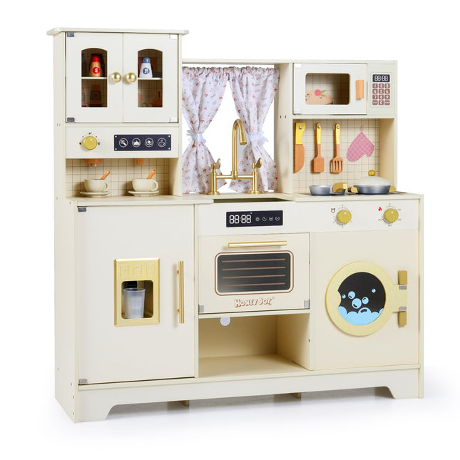 Kids Wooden Play Kitchen with Stove, Sink, Coffee Maker
