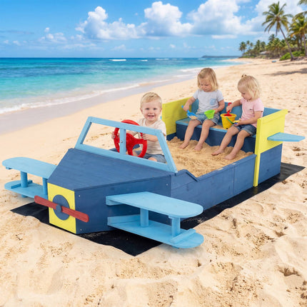 Kids Wooden Sandbox With Bottom Liner And Bench, Blue