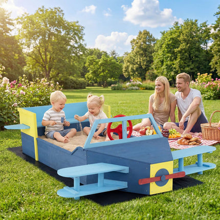 Kids Wooden Sandbox With Bottom Liner And Bench, Blue
