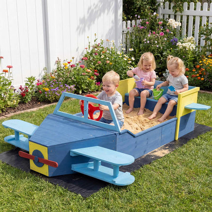 Kids Wooden Sandbox With Bottom Liner And Bench, Blue