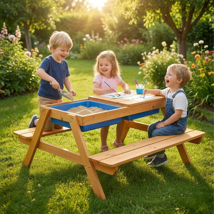 Kids Wooden Seating Set with Water & Sand Table