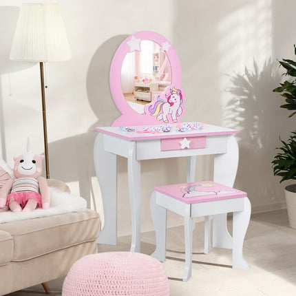 Kids Wooden Vanity Set with Stool, Mirror, Drawer – Pink & White