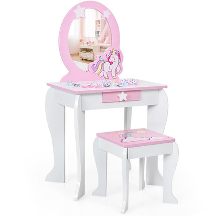 Kids Wooden Vanity Set with Stool, Mirror, Drawer – Pink & White