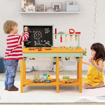 Kids Wooden Workbench Set, Storage Bins, Blackboard, 16 Tools
