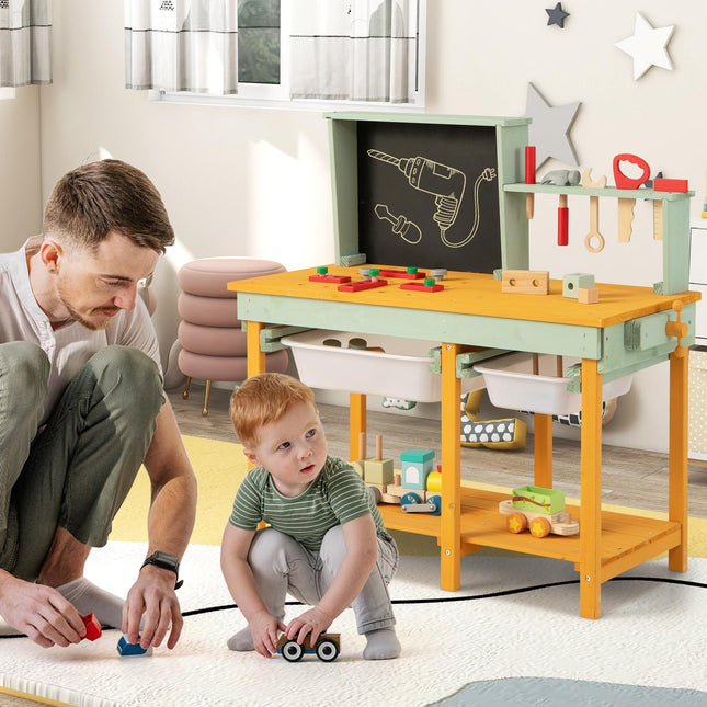 Kids Wooden Workbench Set, Storage Bins, Blackboard, 16 Tools