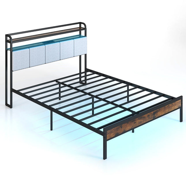 King Size Bed Frame with LED Light & Charging Station & Padded Headboard Metal Frame Bed Frame