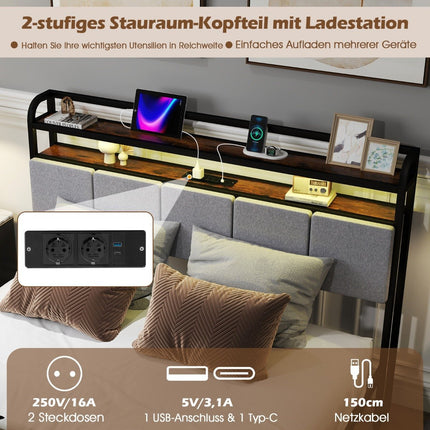 King Size Bed Frame with LED Light & Charging Station & Padded Headboard Metal Frame Bed Frame