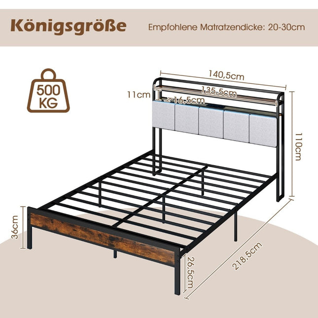 King Size Bed Frame with LED Light & Charging Station & Padded Headboard Metal Frame Bed Frame
