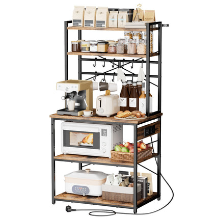 Kitchen Bakers Rack With Power Strip, 12 Hooks
