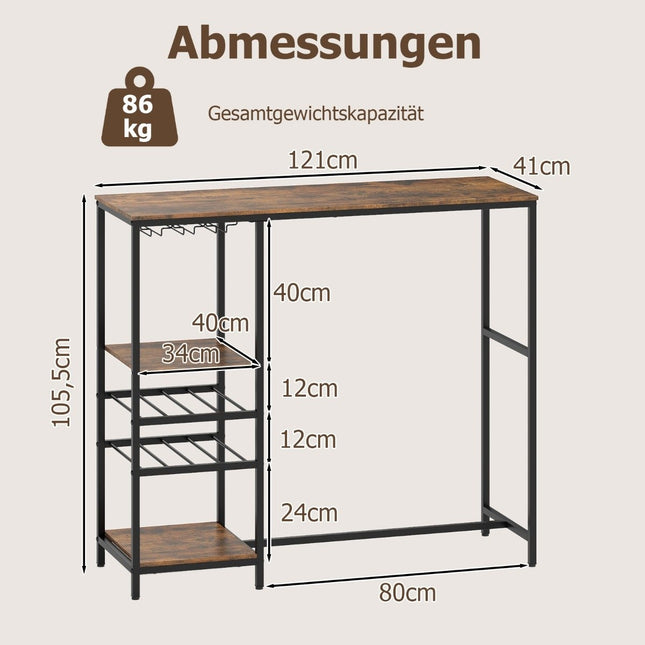 Kitchen Bar Table with Shelves, Wine Racks, Glass Holders