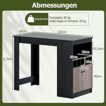 Kitchen Bar Table with Wine Racks & Storage Shelves, Black