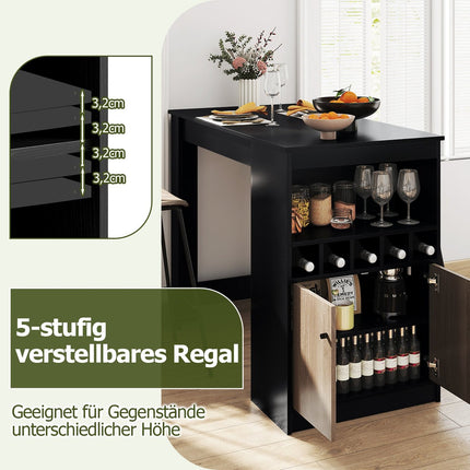 Kitchen Bar Table with Wine Racks & Storage Shelves, Black