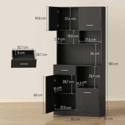 Kitchen Buffet Cabinet, Soft-Close Doors, 80x35x180 cm, Black