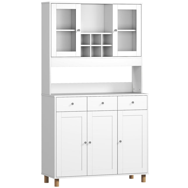Kitchen Cabinet, 180 cm, Glass Doors, Adjustable Shelves, White