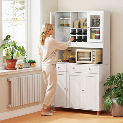 Kitchen Cabinet, 180 cm, Glass Doors, Adjustable Shelves, White