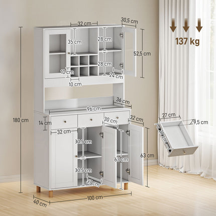 Kitchen Cabinet, 180 cm, Glass Doors, Adjustable Shelves, White