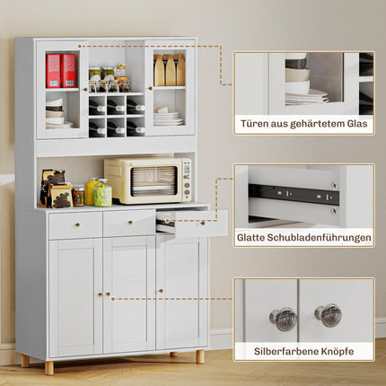 Kitchen Cabinet, 180 cm, Glass Doors, Adjustable Shelves, White