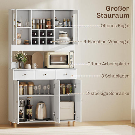 Kitchen Cabinet, 180 cm, Glass Doors, Adjustable Shelves, White