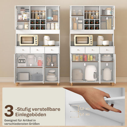 Kitchen Cabinet, 180 cm, Glass Doors, Adjustable Shelves, White