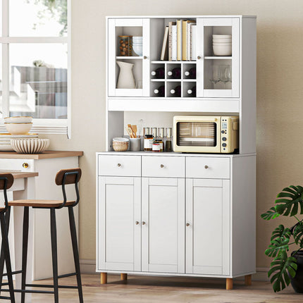 Kitchen Cabinet, 180 cm, Glass Doors, Adjustable Shelves, White