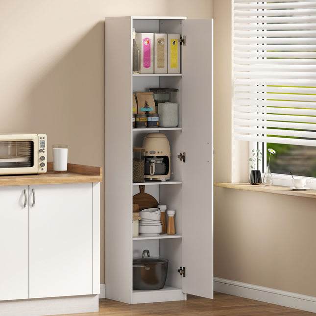 Kitchen Cabinet, 5-Tier Adjustable Shelves, White Wood