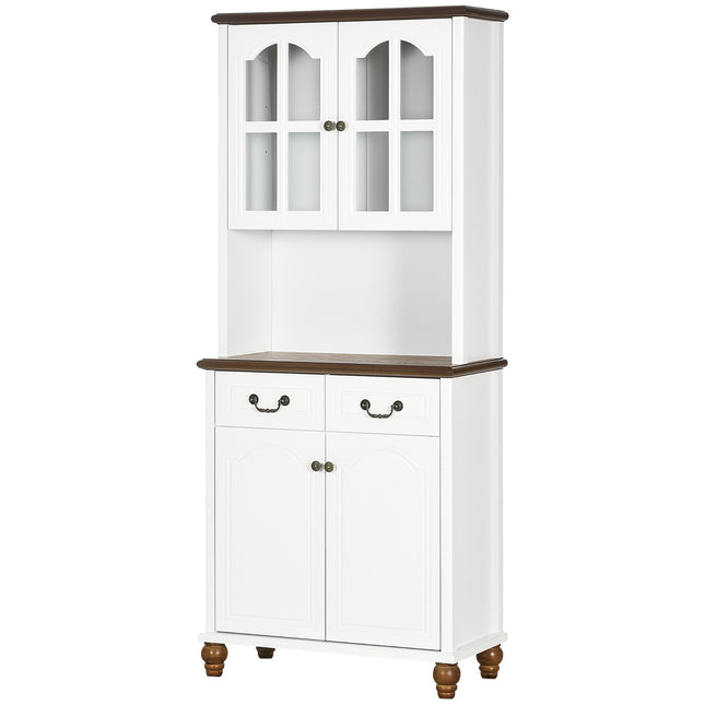 White tall kitchen cabinet - 2 drawers, open display, soft close