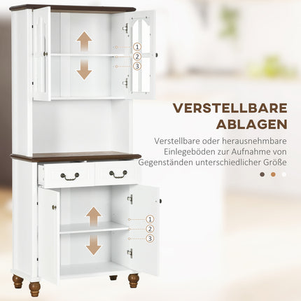 White tall kitchen cabinet - 2 drawers, open display, soft close