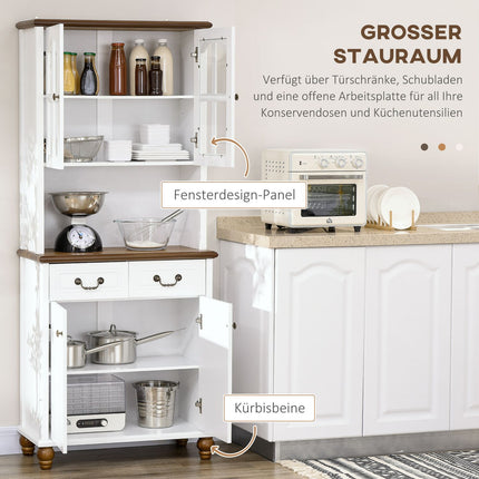 White tall kitchen cabinet - 2 drawers, open display, soft close