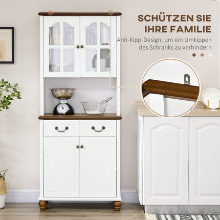 White tall kitchen cabinet - 2 drawers, open display, soft close