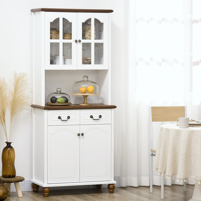 White tall kitchen cabinet - 2 drawers, open display, soft close