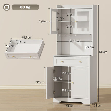 Kitchen Cabinet with Countertop, Wine Glass Holder, 170 cm, MDF, White