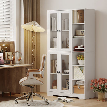 Kitchen Cabinet with Glass Doors, Shelves, 172 cm, White MDF