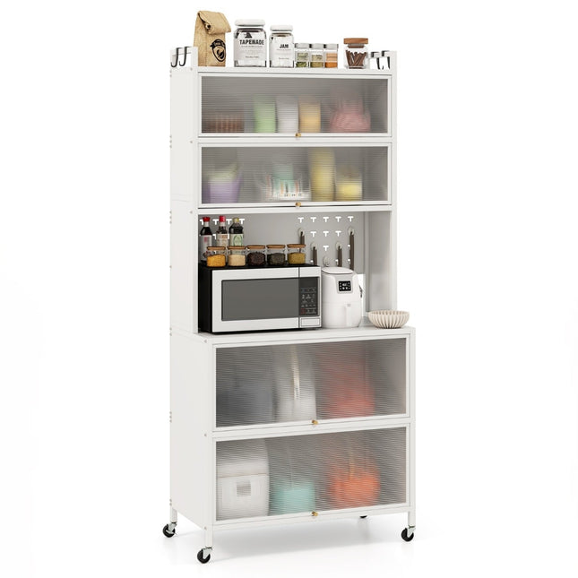 Kitchen Cabinet with Shelves, Hooks, and Wheels, White