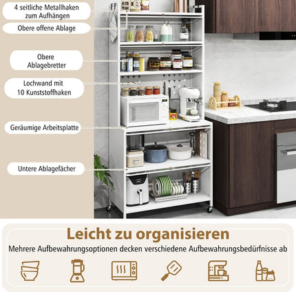 Kitchen Cabinet with Shelves, Hooks, and Wheels, White