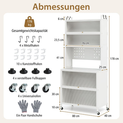 Kitchen Cabinet with Shelves, Hooks, and Wheels, White