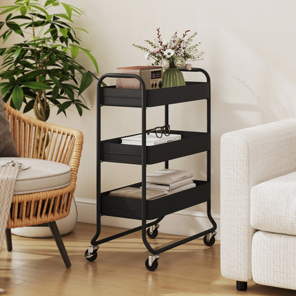 Kitchen Cart, 3 Baskets, 4 Wheels, Metal, Black