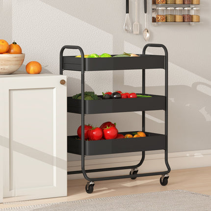 Kitchen Cart, 3 Baskets, 4 Wheels, Metal, Black
