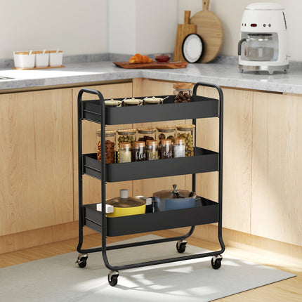 Kitchen Cart, 3 Baskets, 4 Wheels, Metal, Black