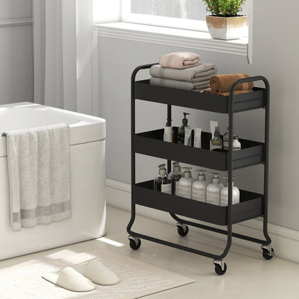 Kitchen Cart, 3 Baskets, 4 Wheels, Metal, Black