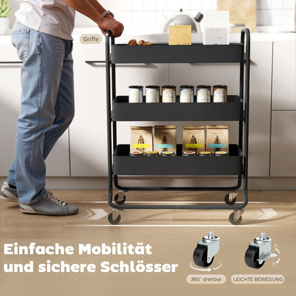 Kitchen Cart, 3 Baskets, 4 Wheels, Metal, Black