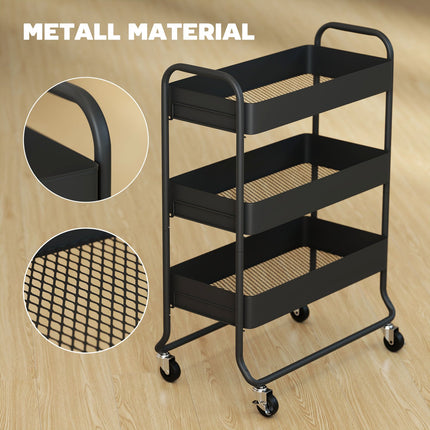 Kitchen Cart, 3 Baskets, 4 Wheels, Metal, Black