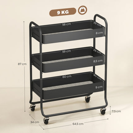 Kitchen Cart, 3 Baskets, 4 Wheels, Metal, Black